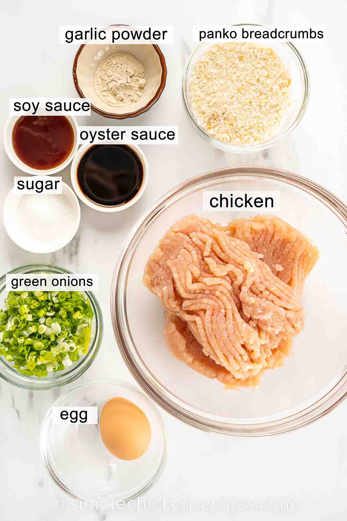 chicken meatballs ingredients: ground chicken, soy sauce, oyster sauce, sugar, panko, egg