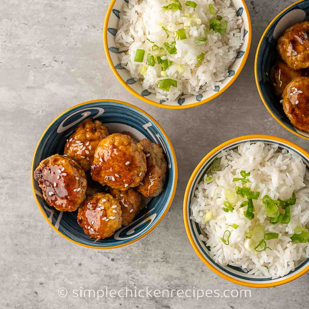 chicken meatballs with teriyaki sauce and rice