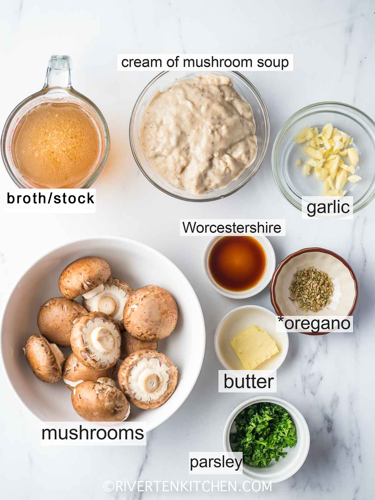 ingredients: mushroom soup, mushroom, garlic, Worcestershire, butter