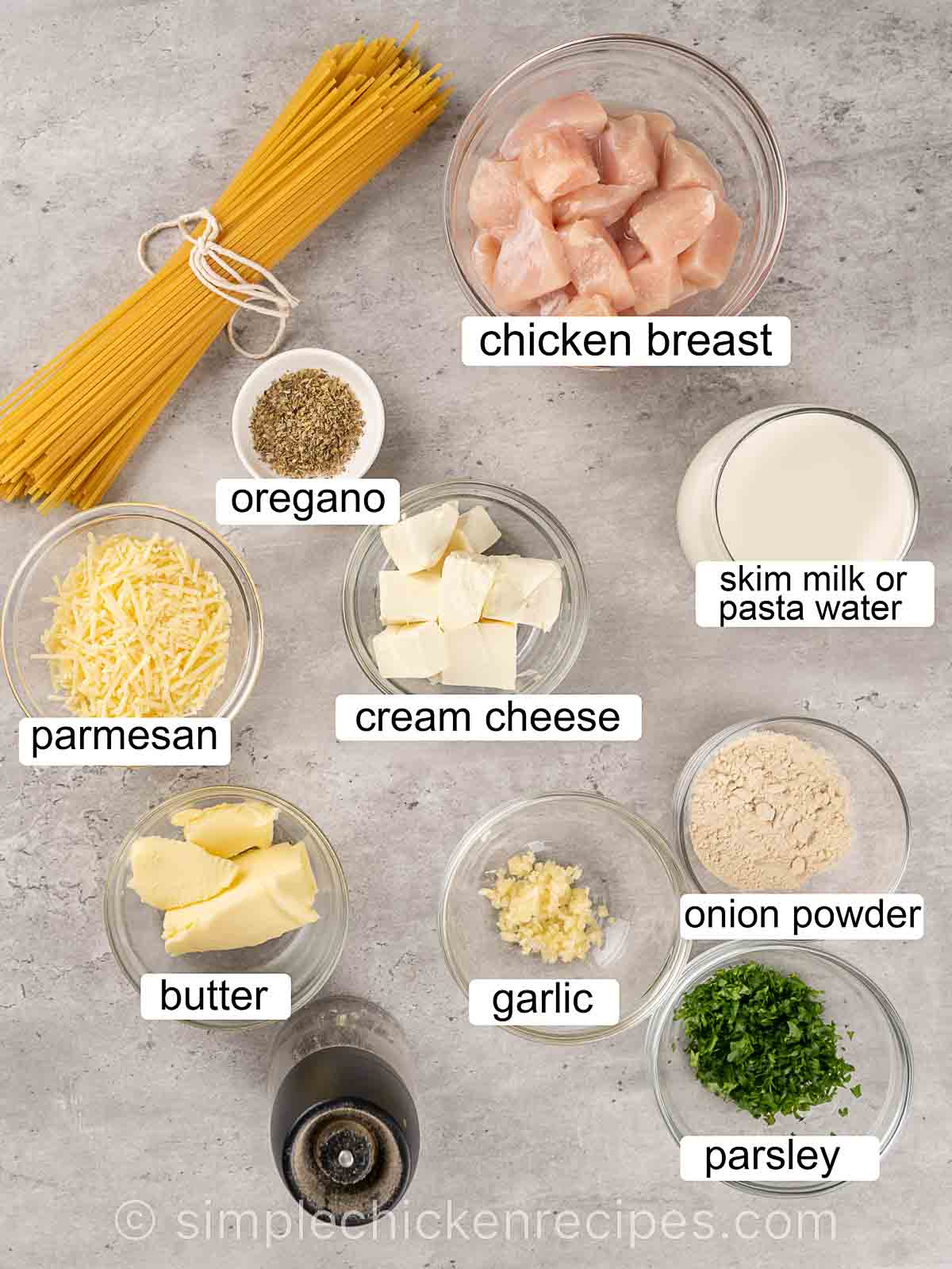 chicken breast, milk, garlic, butter, onion powder, parmesan, parsley, pasta