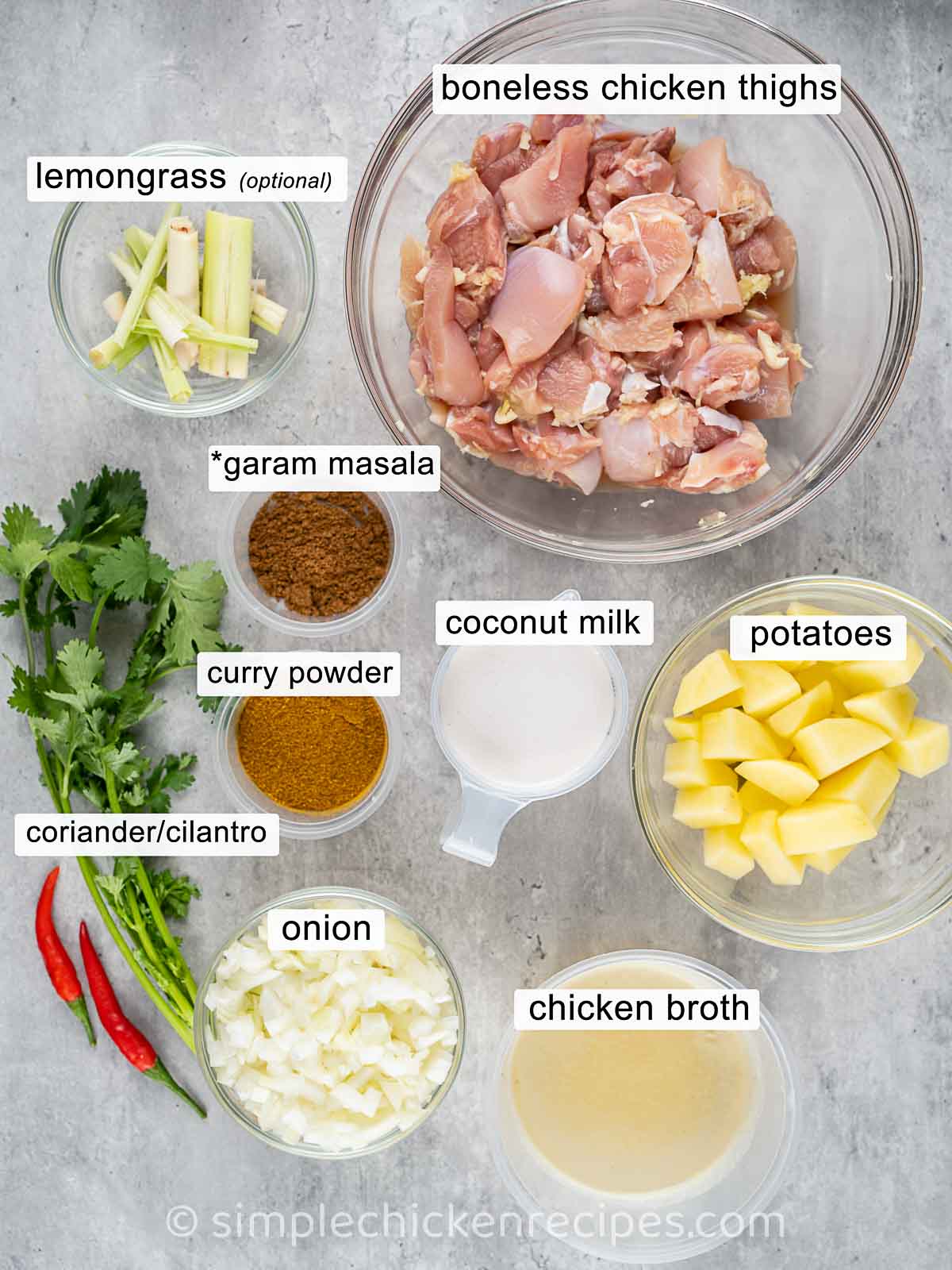 boneless chicken thighs. curry powder, garam masala, coconut milk, potatoes, chicken broth and onion.