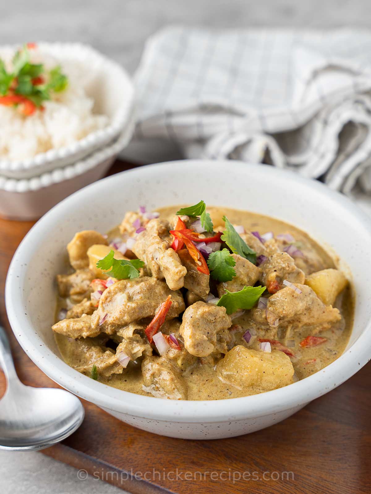 chicken and potato curry made with coconut milk and curry powder.